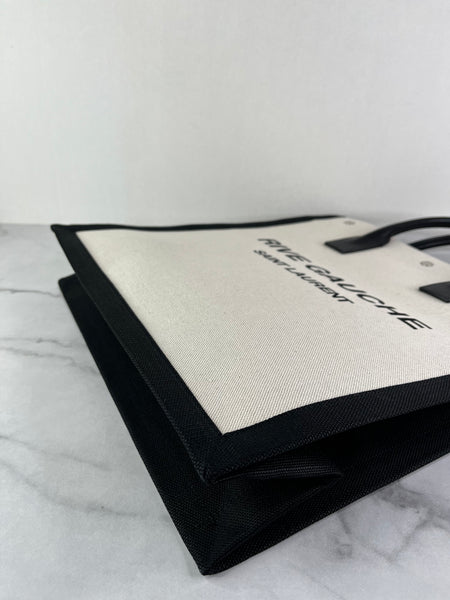 SAINT LAURENT White Black Linen Calfskin Rive Gauche North South Tote