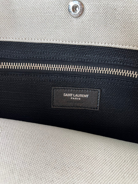 SAINT LAURENT White Black Linen Calfskin Rive Gauche North South Tote