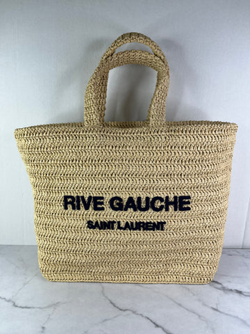 SAINT LAURENT Natural/Marine Blue Rive Gauche Raffia Shoulder Tote Bag
