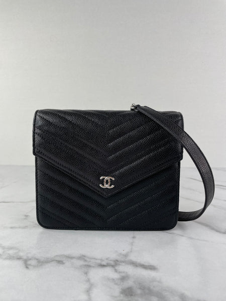 Chanel Black Caviar Chevron Quilted Square Wallet On Chain WOC Crossbody/Shoulder Bag