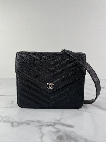 Chanel Black Caviar Chevron Quilted Square Wallet On Chain WOC Crossbody/Shoulder Bag