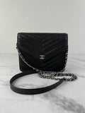 Chanel Black Caviar Chevron Quilted Square Wallet On Chain WOC Crossbody/Shoulder Bag