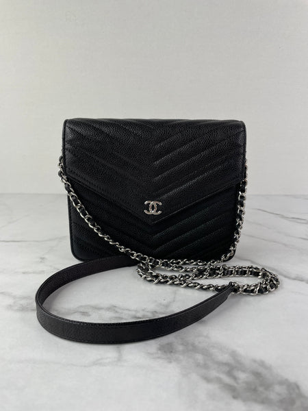 Chanel Black Caviar Chevron Quilted Square Wallet On Chain WOC Crossbody/Shoulder Bag