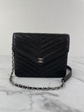 Chanel Black Caviar Chevron Quilted Square Wallet On Chain WOC Crossbody/Shoulder Bag