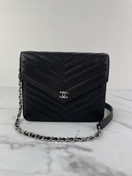 Chanel Black Caviar Chevron Quilted Square Wallet On Chain WOC Crossbody/Shoulder Bag