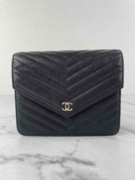 Chanel Black Caviar Chevron Quilted Square Wallet On Chain WOC Crossbody/Shoulder Bag