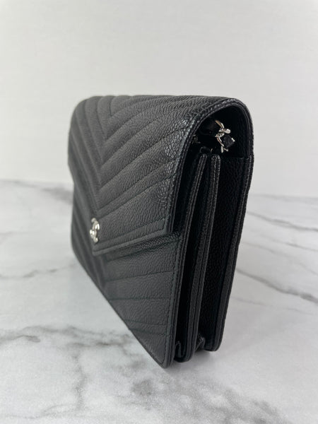 Chanel Black Caviar Chevron Quilted Square Wallet On Chain WOC Crossbody/Shoulder Bag