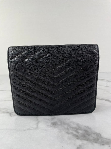 Chanel Black Caviar Chevron Quilted Square Wallet On Chain WOC Crossbody/Shoulder Bag