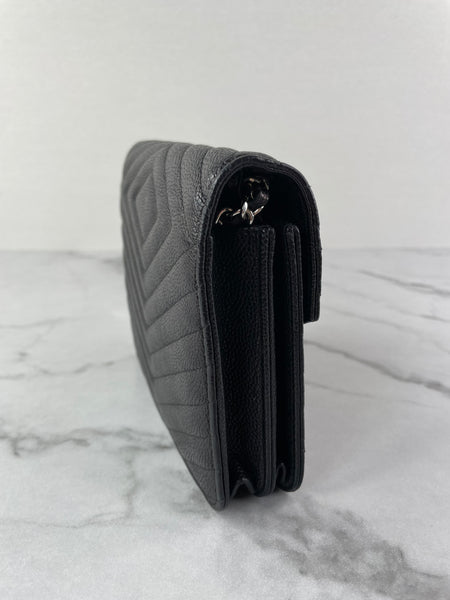 Chanel Black Caviar Chevron Quilted Square Wallet On Chain WOC Crossbody/Shoulder Bag