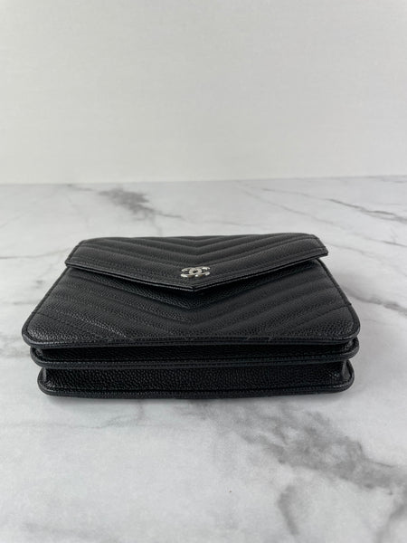 Chanel Black Caviar Chevron Quilted Square Wallet On Chain WOC Crossbody/Shoulder Bag