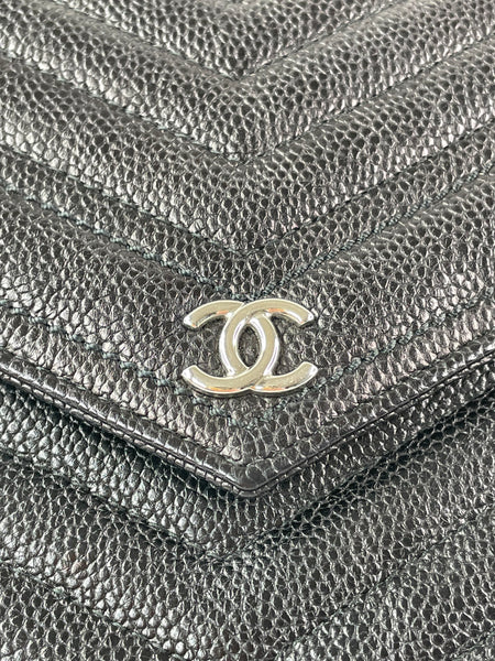 Chanel Black Caviar Chevron Quilted Square Wallet On Chain WOC Crossbody/Shoulder Bag