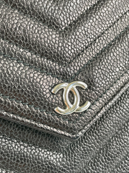 Chanel Black Caviar Chevron Quilted Square Wallet On Chain WOC Crossbody/Shoulder Bag