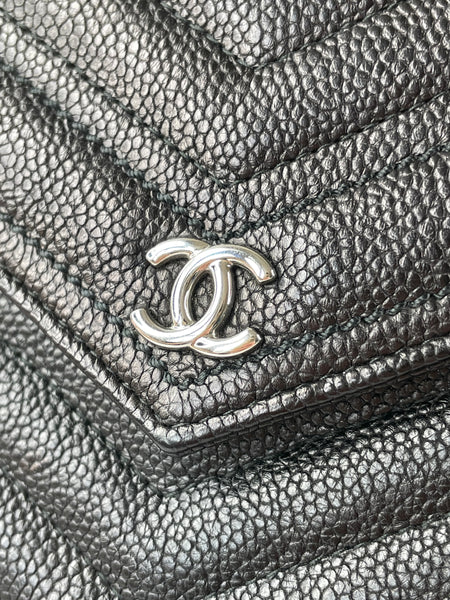Chanel Black Caviar Chevron Quilted Square Wallet On Chain WOC Crossbody/Shoulder Bag