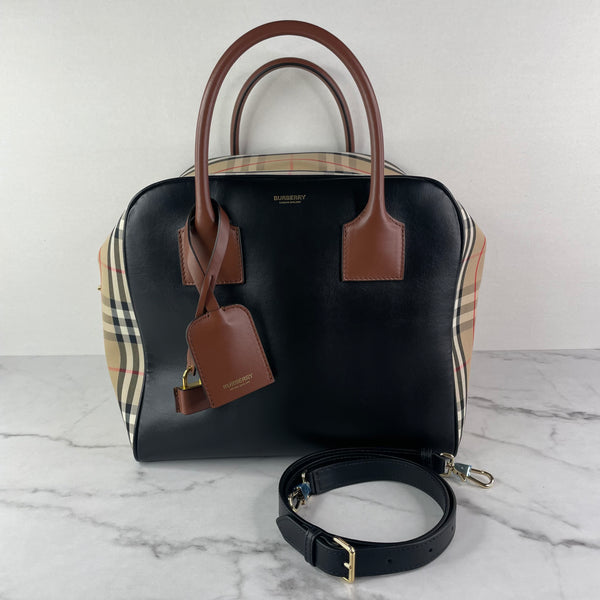BURBERRY ARCHIVE BEIGE Medium Leather and Vintage Check Cube Shoulder Bag