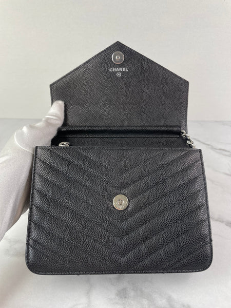 Chanel Black Caviar Chevron Quilted Square Wallet On Chain WOC Crossbody/Shoulder Bag