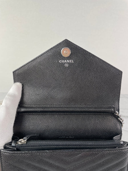 Chanel Black Caviar Chevron Quilted Square Wallet On Chain WOC Crossbody/Shoulder Bag
