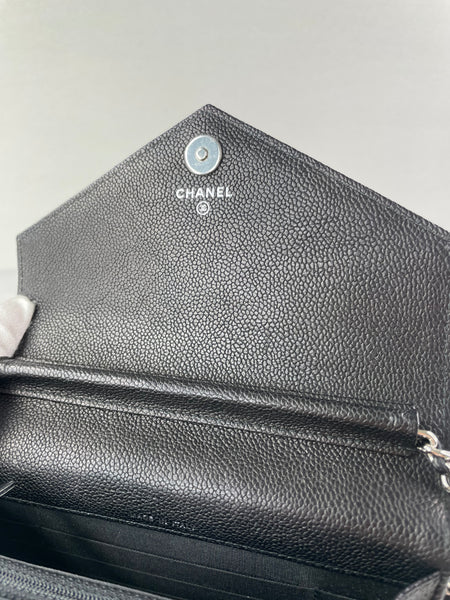 Chanel Black Caviar Chevron Quilted Square Wallet On Chain WOC Crossbody/Shoulder Bag