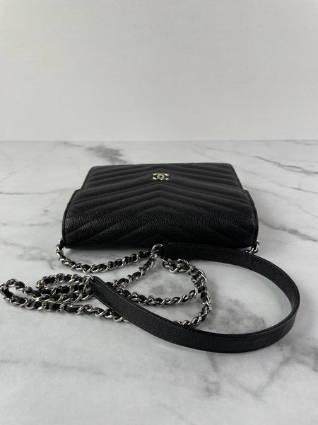 Chanel Black Caviar Chevron Quilted Square Wallet On Chain WOC Crossbody/Shoulder Bag