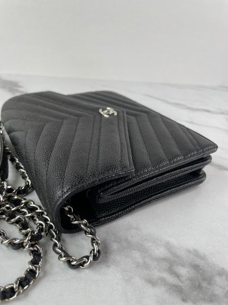 Chanel Black Caviar Chevron Quilted Square Wallet On Chain WOC Crossbody/Shoulder Bag