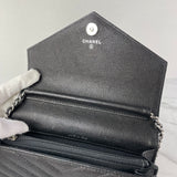 Chanel Black Caviar Chevron Quilted Square Wallet On Chain WOC Crossbody/Shoulder Bag