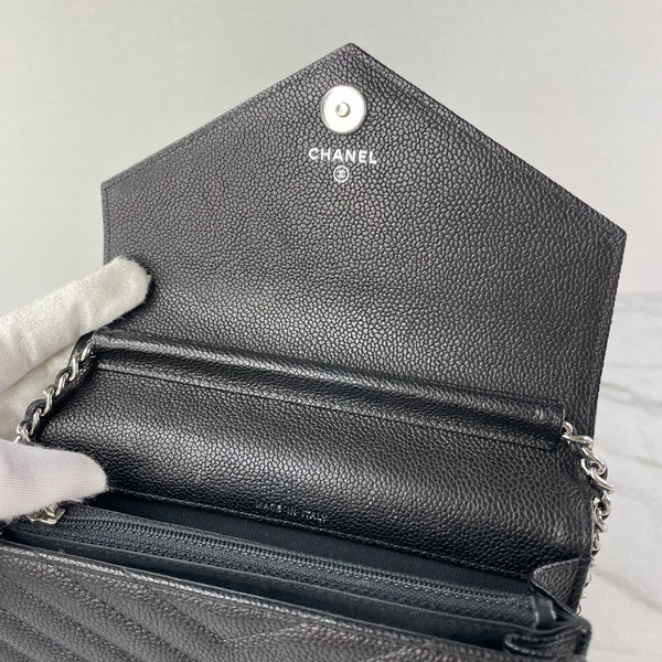 Chanel Black Caviar Chevron Quilted Square Wallet On Chain WOC Crossbody/Shoulder Bag