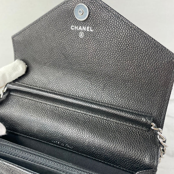 Chanel Black Caviar Chevron Quilted Square Wallet On Chain WOC Crossbody/Shoulder Bag