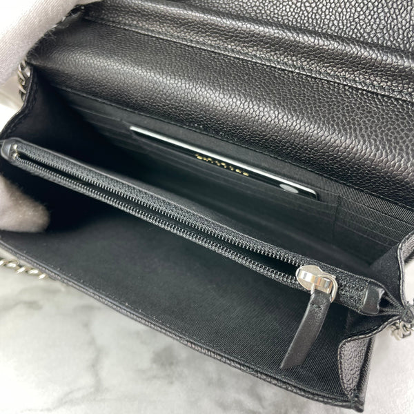 Chanel Black Caviar Chevron Quilted Square Wallet On Chain WOC Crossbody/Shoulder Bag