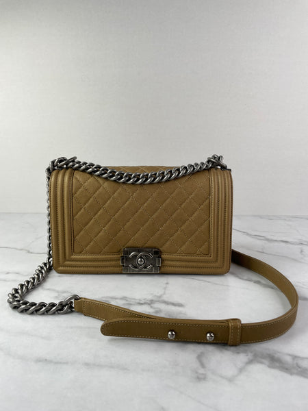 CHANEL Dark Gold Metallic Calfskin Quilted Medium Boy Flap Bag