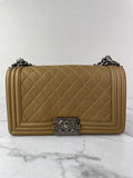CHANEL Dark Gold Metallic Calfskin Quilted Medium Boy Flap Bag