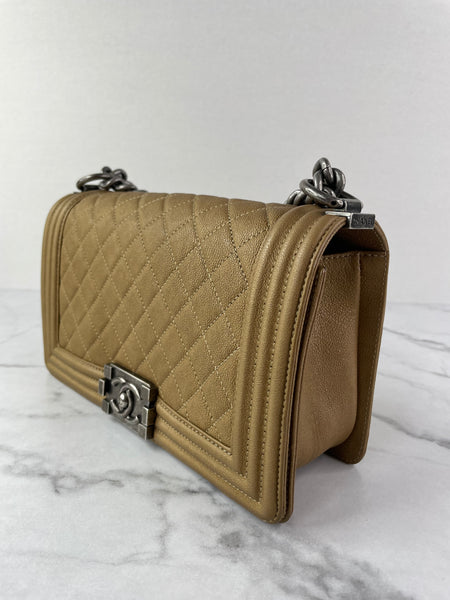 CHANEL Dark Gold Metallic Calfskin Quilted Medium Boy Flap Bag