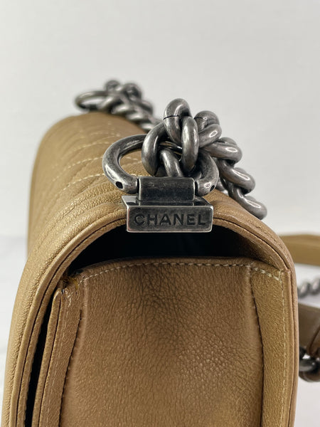 CHANEL Dark Gold Metallic Calfskin Quilted Medium Boy Flap Bag