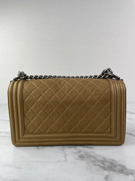 CHANEL Dark Gold Metallic Calfskin Quilted Medium Boy Flap Bag