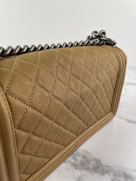 CHANEL Dark Gold Metallic Calfskin Quilted Medium Boy Flap Bag