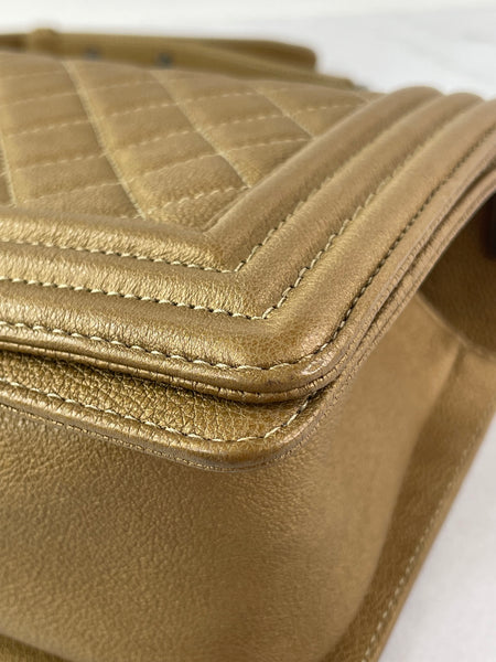 CHANEL Dark Gold Metallic Calfskin Quilted Medium Boy Flap Bag