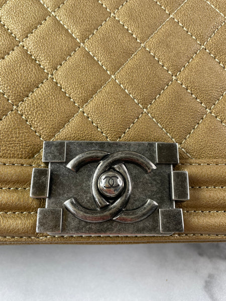 CHANEL Dark Gold Metallic Calfskin Quilted Medium Boy Flap Bag