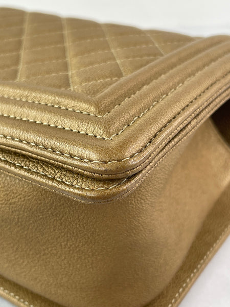 CHANEL Dark Gold Metallic Calfskin Quilted Medium Boy Flap Bag