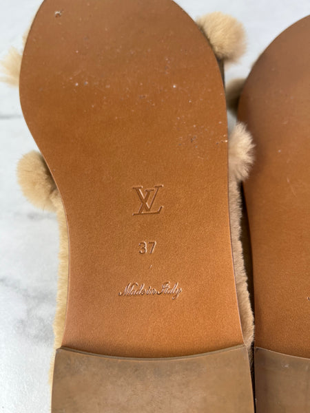 LOUIS VUITTON Monogram Canvas / Shearling Mink Fur Lock It Mule Slides Size 37