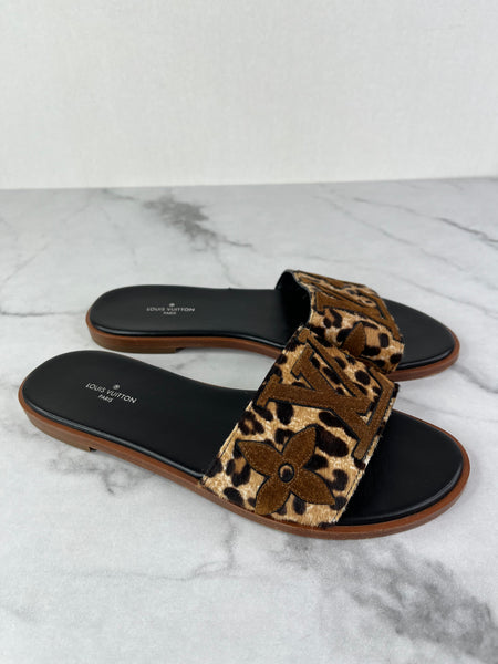 LOUIS VUITTON Leopard Print Calf Hair Lock It Flat Slide Sandals Size 37