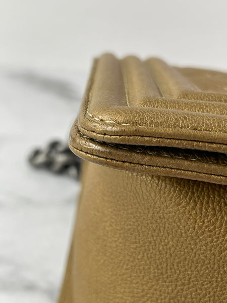 CHANEL Dark Gold Metallic Calfskin Quilted Medium Boy Flap Bag