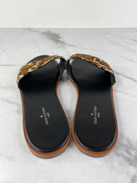 LOUIS VUITTON Leopard Print Calf Hair Lock It Flat Slide Sandals Size 37