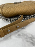 CHANEL Dark Gold Metallic Calfskin Quilted Medium Boy Flap Bag