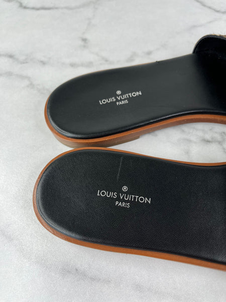 LOUIS VUITTON Leopard Print Calf Hair Lock It Flat Slide Sandals Size 37