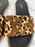 LOUIS VUITTON Leopard Print Calf Hair Lock It Flat Slide Sandals Size 37