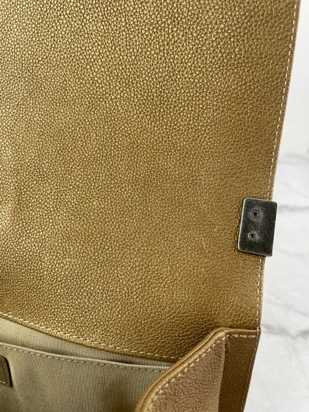 CHANEL Dark Gold Metallic Calfskin Quilted Medium Boy Flap Bag