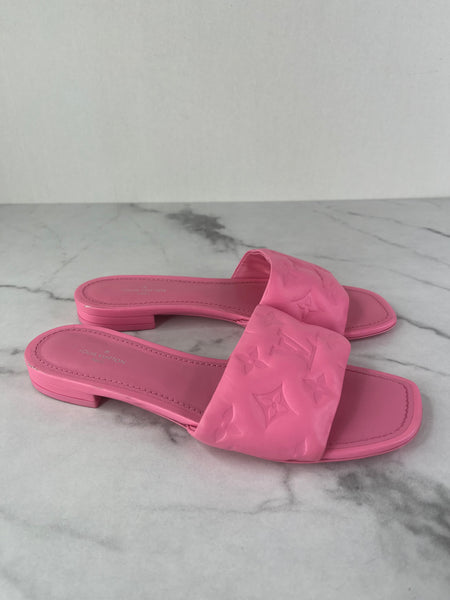 LOUIS VUITTON Rose Pop Pink Lambskin Embossed Monogram Revival Flat Mules Size 37