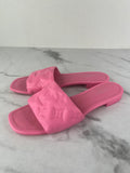 LOUIS VUITTON Rose Pop Pink Lambskin Embossed Monogram Revival Flat Mules Size 37