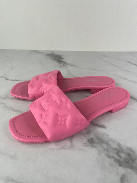 LOUIS VUITTON Rose Pop Pink Lambskin Embossed Monogram Revival Flat Mules Size 37