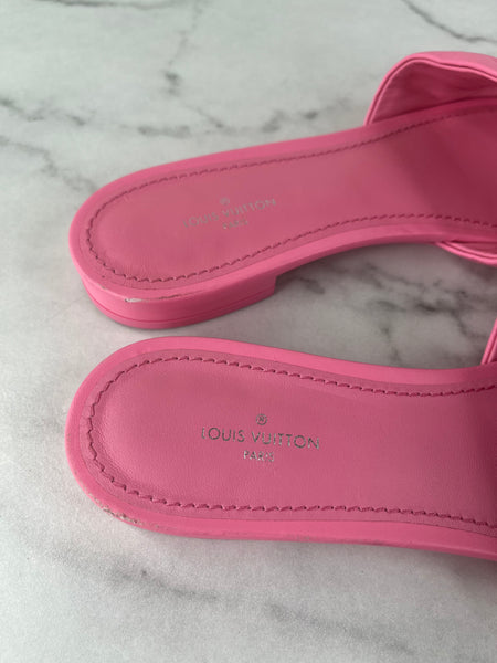 LOUIS VUITTON Rose Pop Pink Lambskin Embossed Monogram Revival Flat Mules Size 37