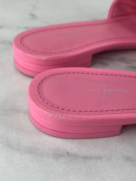 LOUIS VUITTON Rose Pop Pink Lambskin Embossed Monogram Revival Flat Mules Size 37