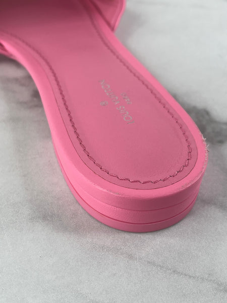 LOUIS VUITTON Rose Pop Pink Lambskin Embossed Monogram Revival Flat Mules Size 37